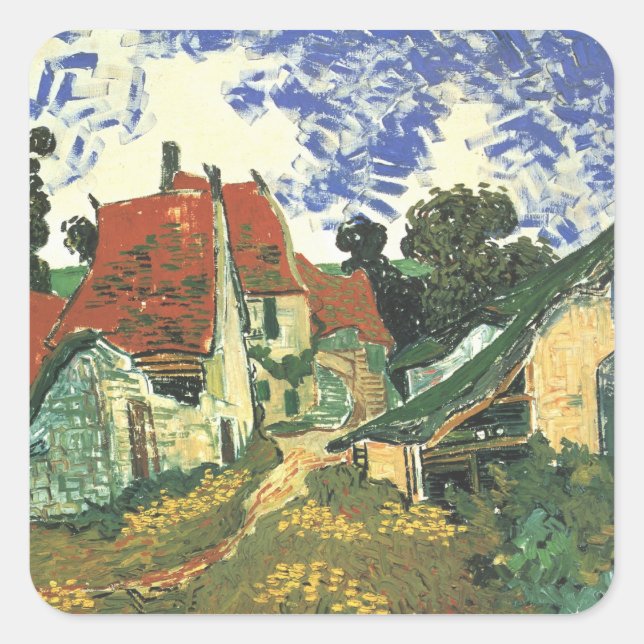 Dorfstraße in Auvers von Vincent van Gogh Quadratischer Aufkleber (Vorderseite)