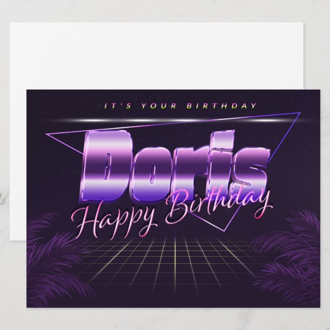 Doris Nom Prénom carte rétro lila pour l'anniversa (Devant / Derrière)