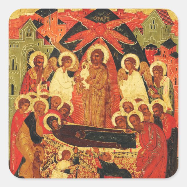 Dormition der Mutter Gottes orthodoxe Ikone Quadratischer Aufkleber (Vorderseite)