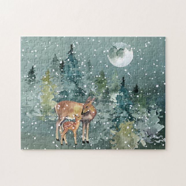 Dos and Fawn Deer in Forest Full Moon Snowfall (Horizontal)