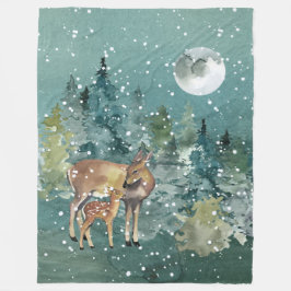 Dos and Fawn Deer in Forest Full Moon Snowfall Fleecedecke