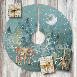 Dos and Fawn Deer in Forest Full Moon Snowfall Polyester Weihnachtsbaumdecke