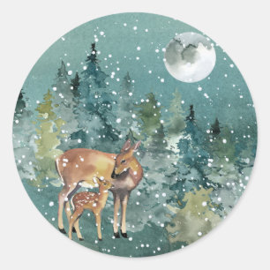 Dos and Fawn Deer in Forest Full Moon Snowfall Runder Aufkleber