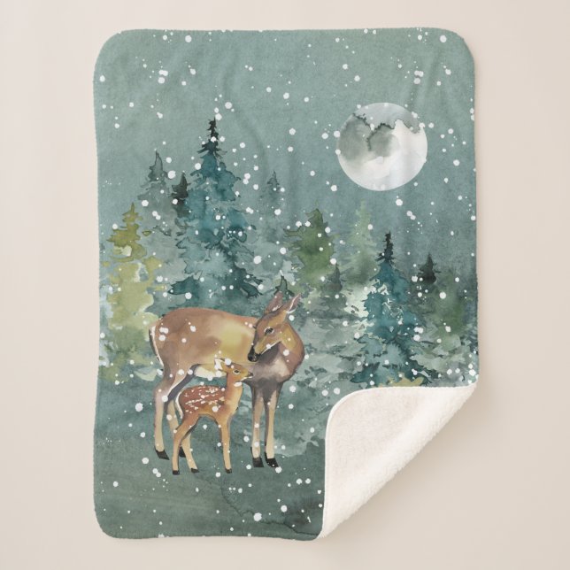 Dos and Fawn Deer in Forest Full Moon Snowfall Sherpadecke (Vorderseite)