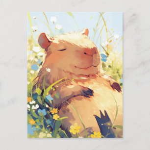 Dösender Capybara auf sonniger Wildblumen-Sommerwi Postkarte