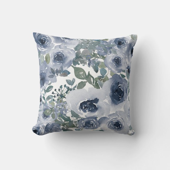 Dosenpulver Grau blaue Wasserfarbe Blumenakzent Kissen (Vorderseite)
