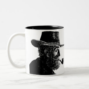 Dot-and-Line-Portrait: Kleiner alter Mann rauchen Zweifarbige Tasse