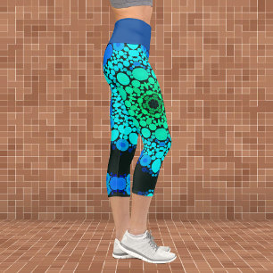 Dot Mandala Blume Blau und Grün Capri Leggings