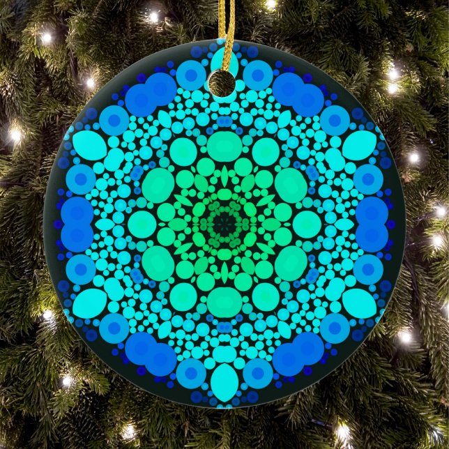 Dot Mandala Blume Blau und Grün Keramik Ornament (Von Creator hochgeladen)
