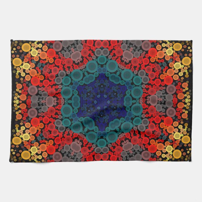 Dot Mandala Blume Gelb Blau und Rot Geschirrtuch (Horizontal)