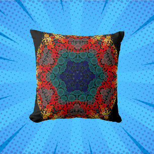 Dot Mandala Blume Gelb Blau und Rot Kissen