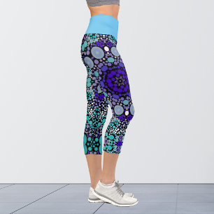 Dot Mandala Blume Lila Blau und Weiß Capri Leggings