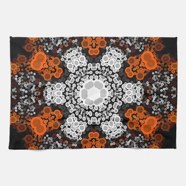 Dot Mandala Blume Weiß Orange und Schwarz Geschirrtuch (Horizontal)
