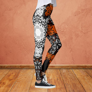 Dot Mandala Blume Weiß Orange und Schwarz Leggings