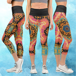 Dot Mandala Rosa Blau Schwarz und Gelb Capri Leggings