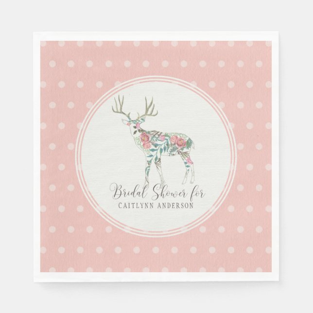 Dot Pattern Boho Floral Deer w Antlers Pink Roses Serviette (Vorderseite)