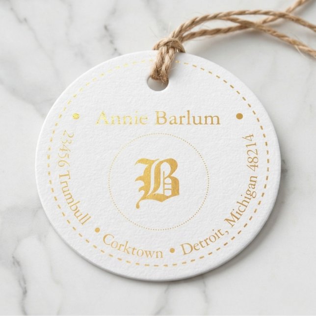 Dotierter Kreis Monogramm Geschenkanhänger (Tie this round address tag onto any special gift.)