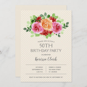 Dots d'aquarelle florale Invitations d'anniversair
