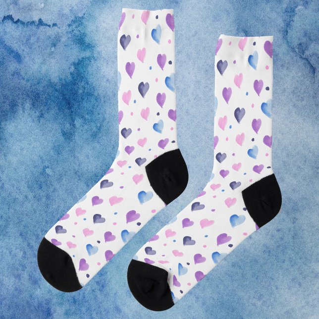 Dots Watercolor Muster Pink Blau Lila Socken (A pair of socks with a watercolor heart pattern done in pink, blue and purple)