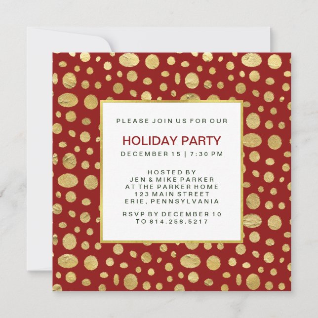 Dotted Gold Weihnachts-Party Einladung auf Red (Vorderseite)