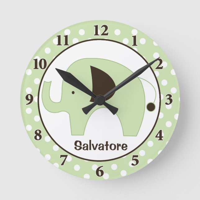 Dottie Elephant Personalized Wall Clock (Green) Runde Wanduhr (Vorderseite)