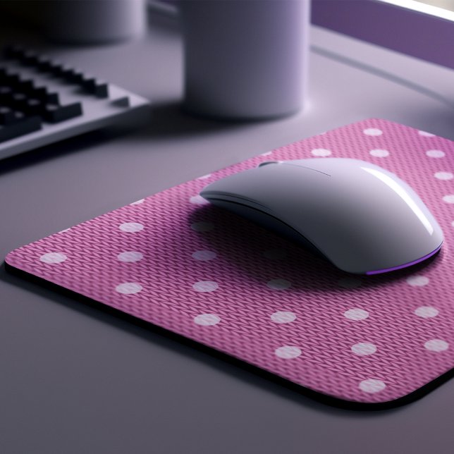 Dotty Delight Pink Mousepad (A Dotty Delight Pink Mouse Pad is on the desk. )