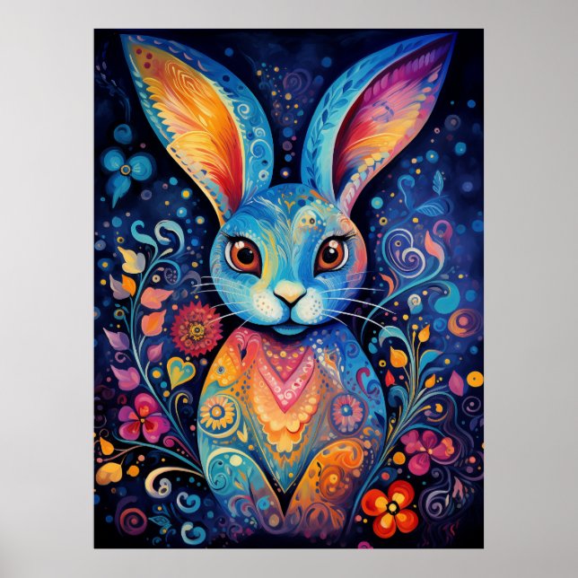Dotty Delight: Regenbogen-Doodle-Hase Poster (Vorne)