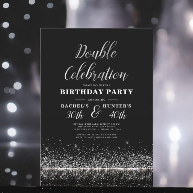 Double Celebration Black Silver Geburtstagsparty Flyer (Von Creator hochgeladen)
