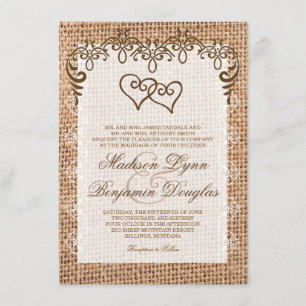 Double Coeur Rustique Burlap Invitations de mariag
