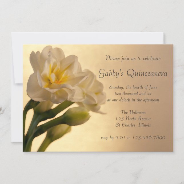 Double Daffodils blanc Quinceanera Invitation (Devant)