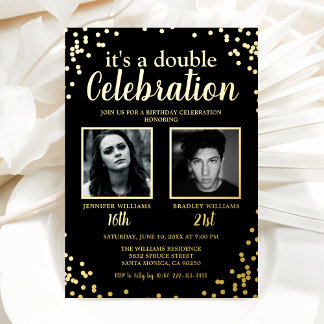 Double Foto Black Gold Geburtstag Folieneinladung