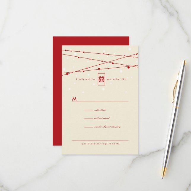 Double Happy Fairy Lights Chinese Wedding RSVP (Vorderseite/Rückseite Beispiel)