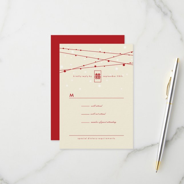 Double Happy Fairy Lights Chinese Wedding RSVP Karte (Vorderseite/Rückseite Beispiel)