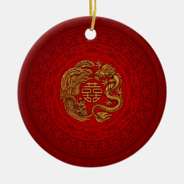 Double Happy Symbol mit Phoenix und Dragon Keramik Ornament (Vorne)
