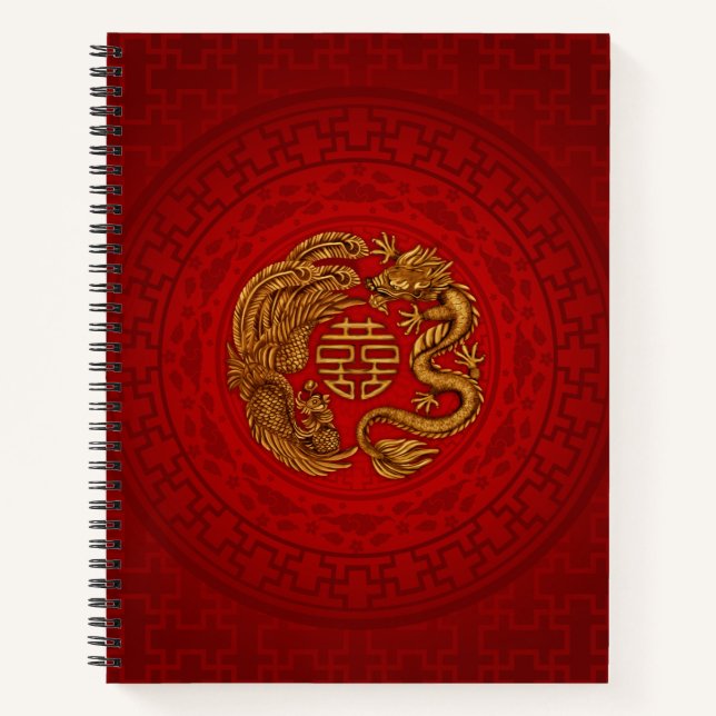 Double Happy Symbol mit Phoenix und Dragon Notizbuch (Vorderseite)