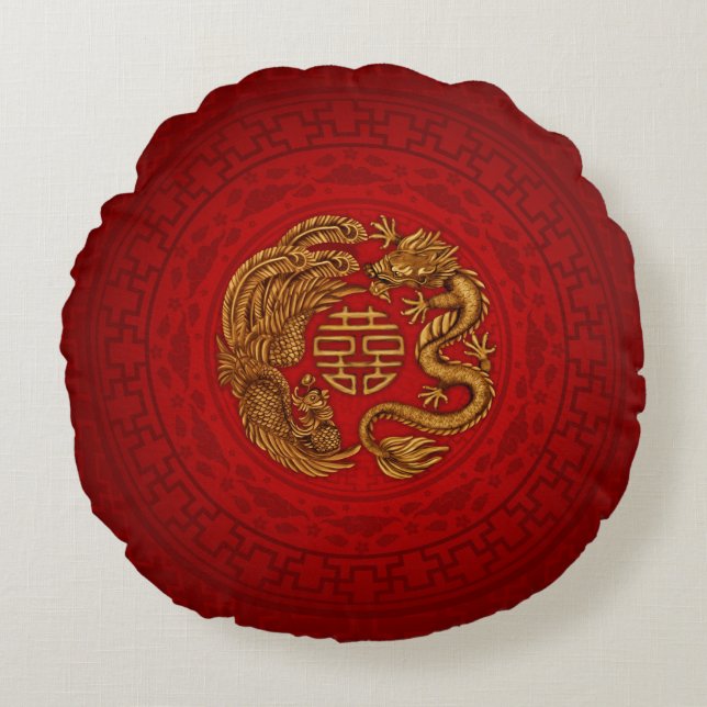 Double Happy Symbol mit Phoenix und Dragon Rundes Kissen (Vorderseite)