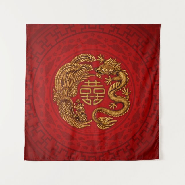 Double Happy Symbol mit Phoenix und Dragon Ta Wandteppich (Vorderseite)