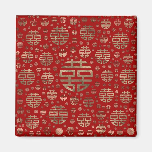 Double Happy Symbol Muster - Gold auf Rot Magnet (Vorne)