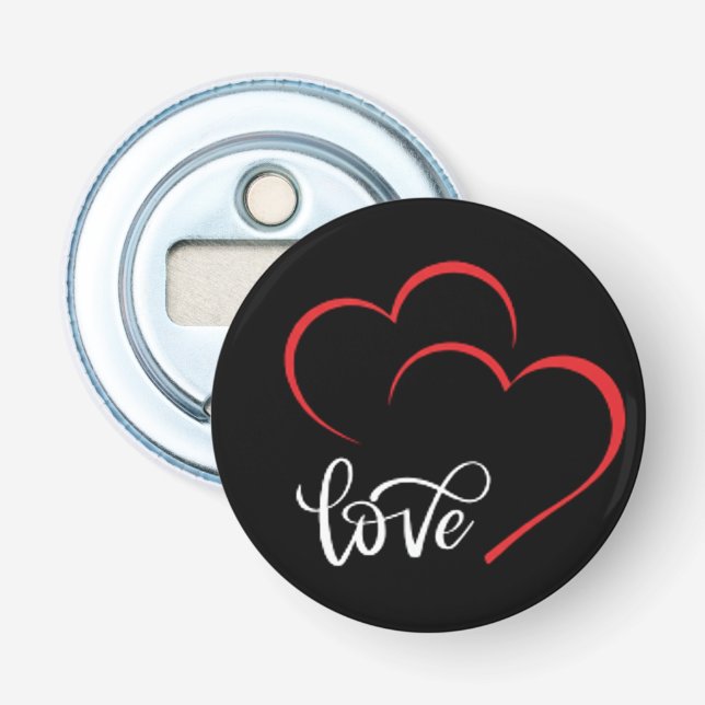 Double Heart 'Love' Badge/Pin Button Flaschenöffner (Vorderseite)