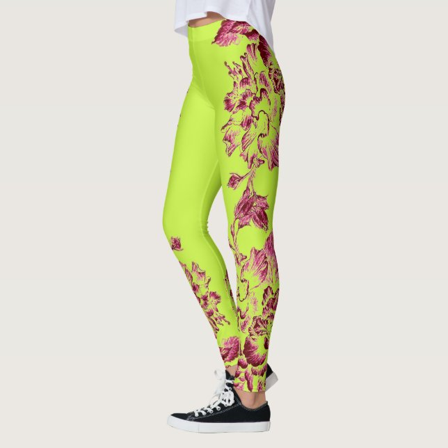 Double Hibiscus Pink on Lime  Leggings (Gauche)