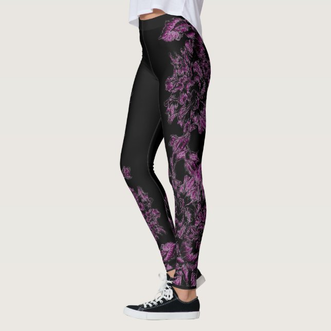 Double Hibiscus Purple on Black  Leggings (Links)