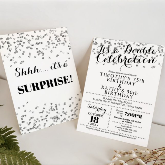 Double Invitation Faux Confetti Argent pour Célébr (Créateur téléchargé)