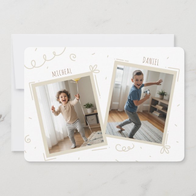 Double Kids Boys Sibling Photo Joint Birthday Einladung (Vorderseite)