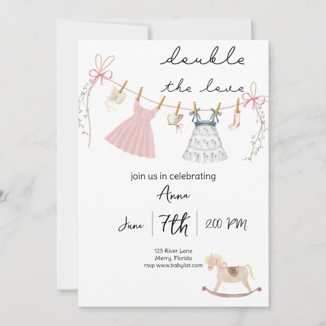 Double l'amour jumeaux baby shower Invitation (Devant)