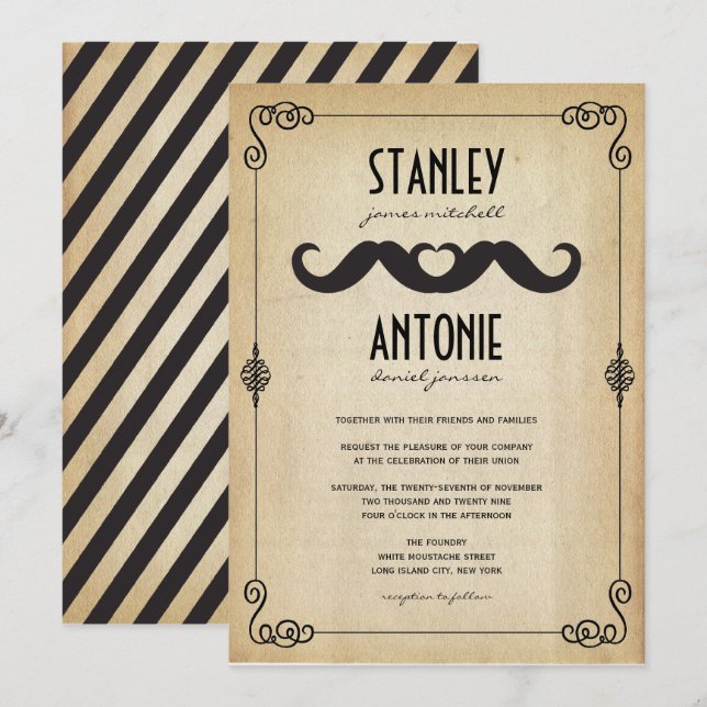 Double Mustaches Liebe Vintag Paper Gay Wedding Einladung (Vorne/Hinten)