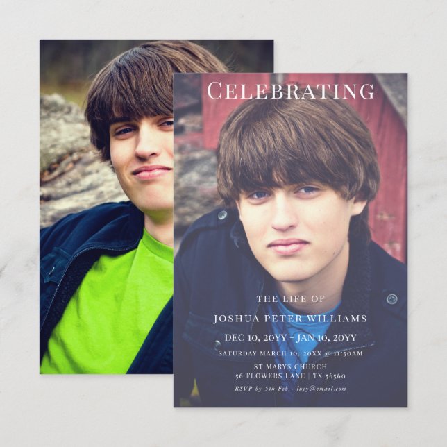 Double Photo Masculine Funeral Service Einladung (Vorne/Hinten)
