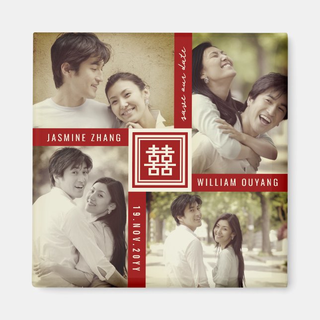 Double Xi Chinese Wedding 4 Foto Save the Date Magnet (Vorne)