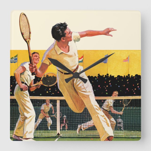 Doubles Tennis Match Quadratische Wanduhr (Vorderseite)