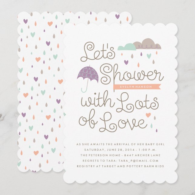 Douche avec Amour Baby shower Invitation - Violet (Devant / Derrière)