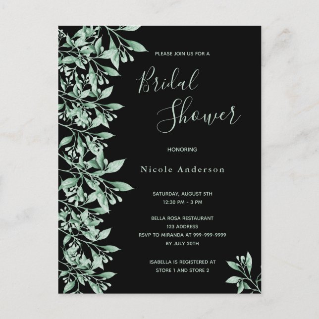 Douche nuptiale budget invitation vert noir (Devant)